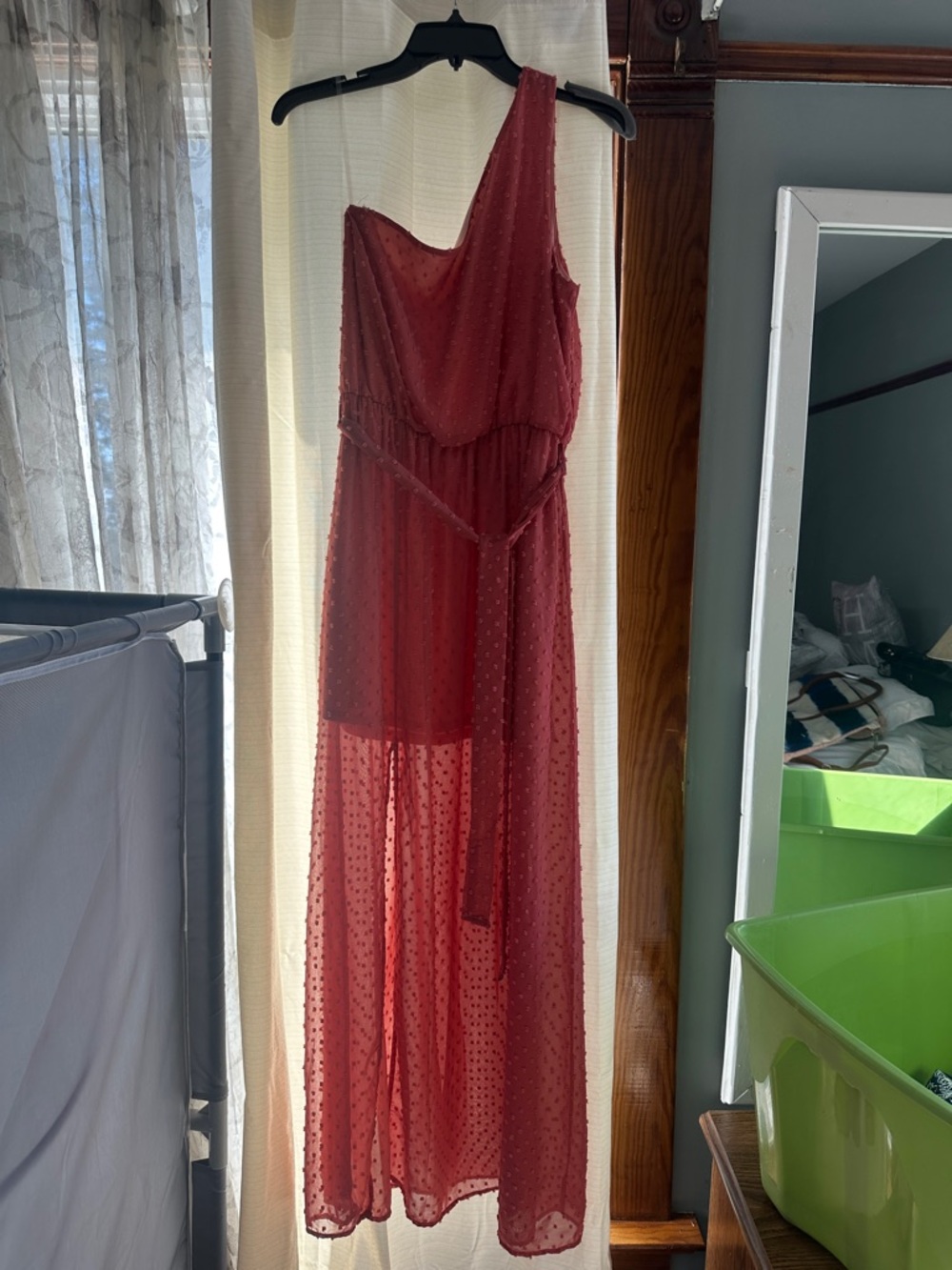 Peach Love California One-Shoulder Burgundy Sheer Maxi Dress